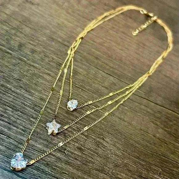 Gold Tone Three Strand Light Pink Rhinestone Gems Necklace - Picture 1 of 4